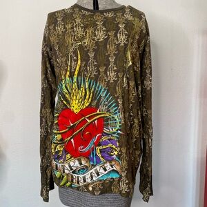 Christian Audigier/Ed Hardy brown & gold oversized top with heartbreaker design.